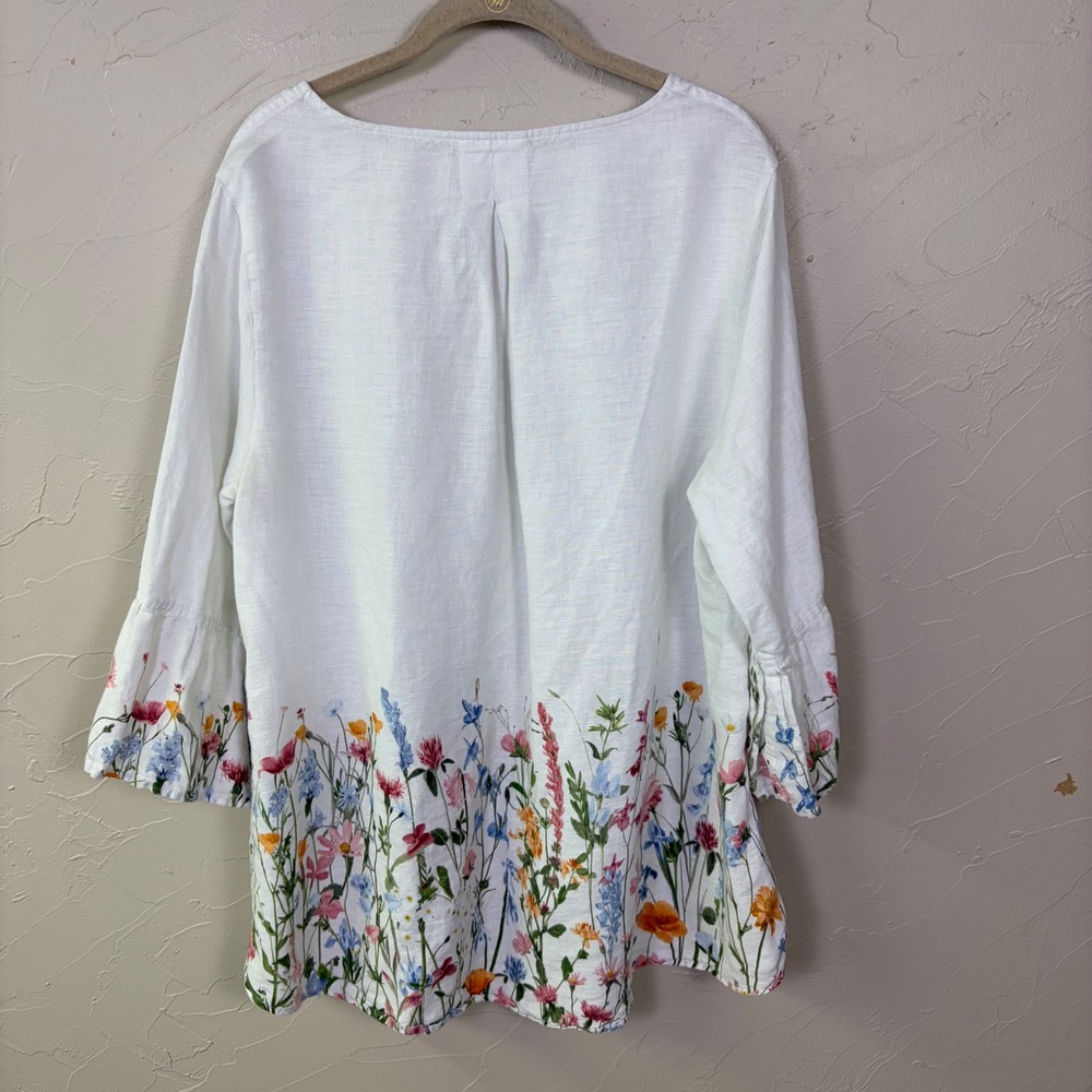 John Mark Floral Linen Tunic Blouse Womens 1X White Ruffle Sleeve Cottagecore - Picture 2 of 11